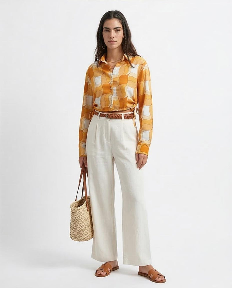 Ravin Retro-Wave Cropped Drawstring Shirt - Orange & White - O191217