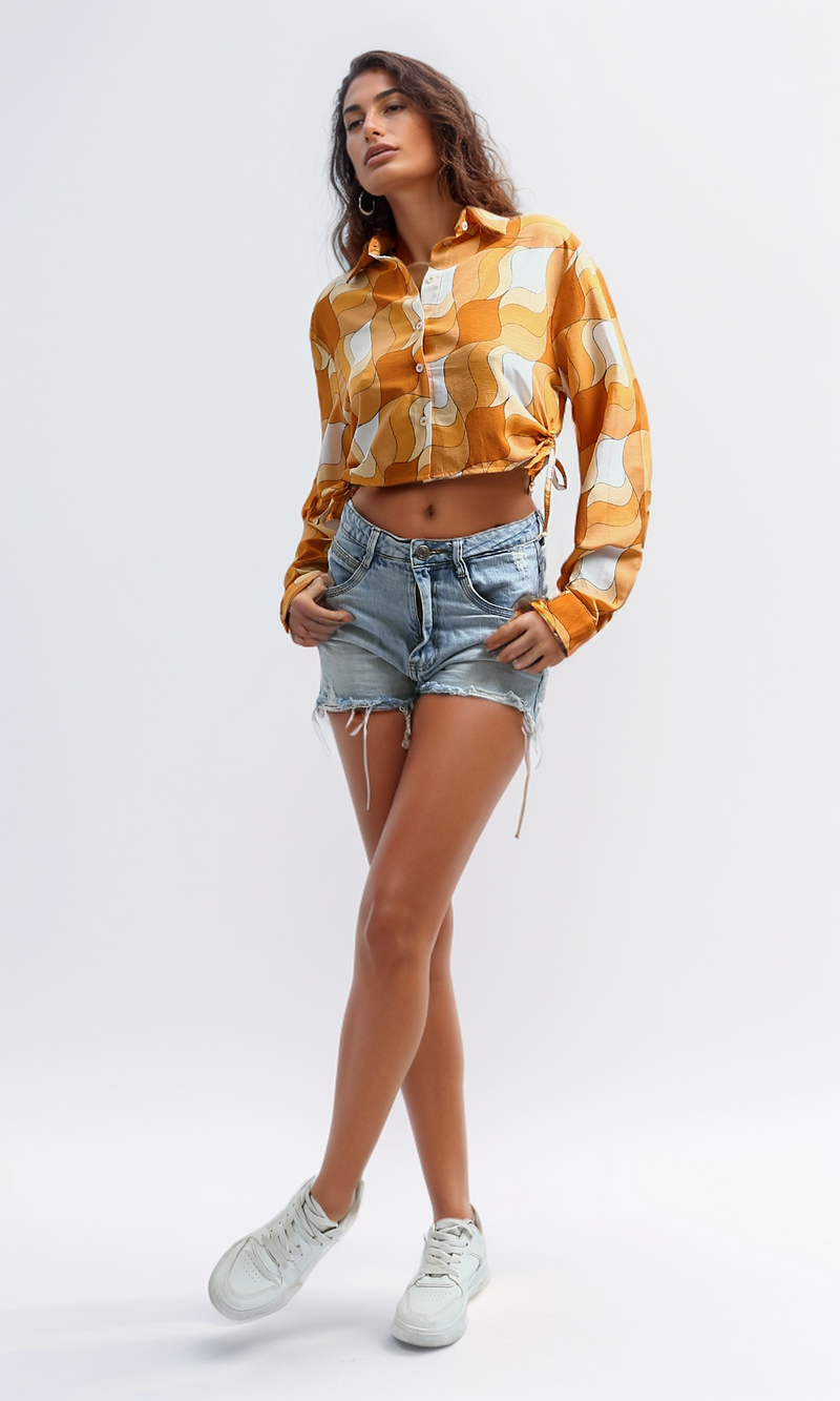 O191217 Summer Patterned Shirt Button Turn Down Collar - Orange & White