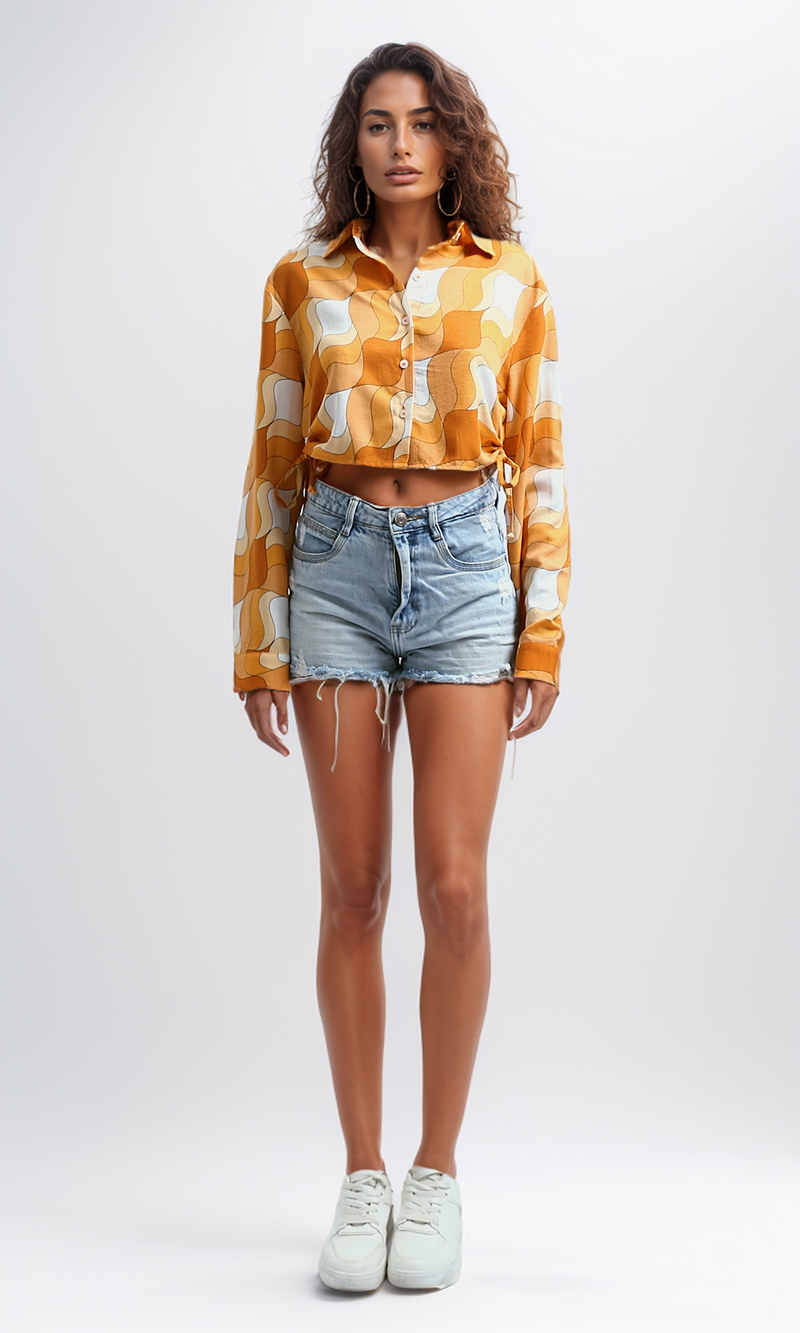 O191217 Summer Patterned Shirt Button Turn Down Collar - Orange & White