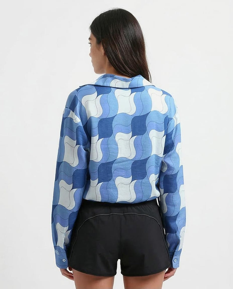 Ravin Women's Abstract Wave Print Cropped Shirt with Side Ties - Blue Multi - O191218