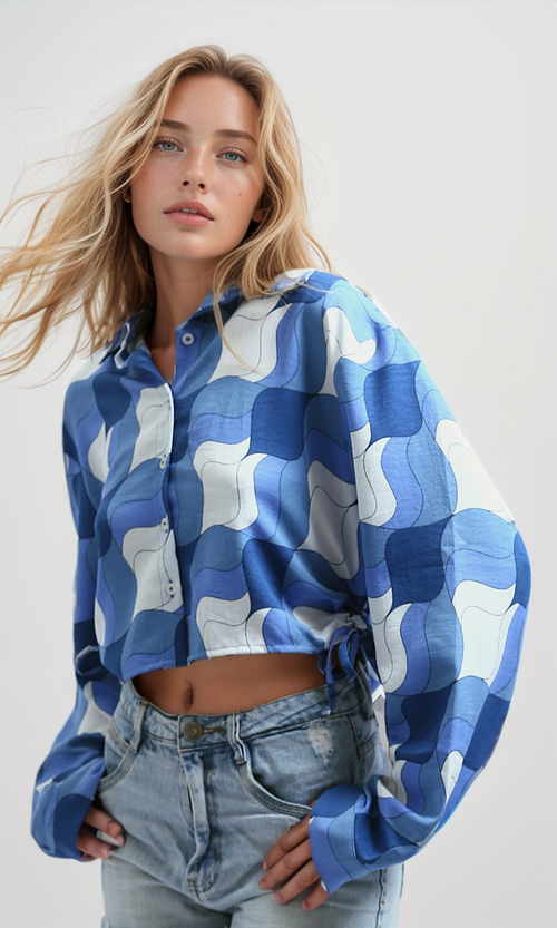 O191218 Buttoned Short Shirt With Side Drawstring - White & Blue