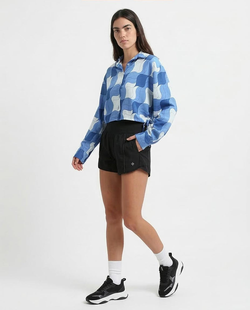 Ravin Women's Abstract Wave Print Cropped Shirt with Side Ties - Blue Multi - O191218