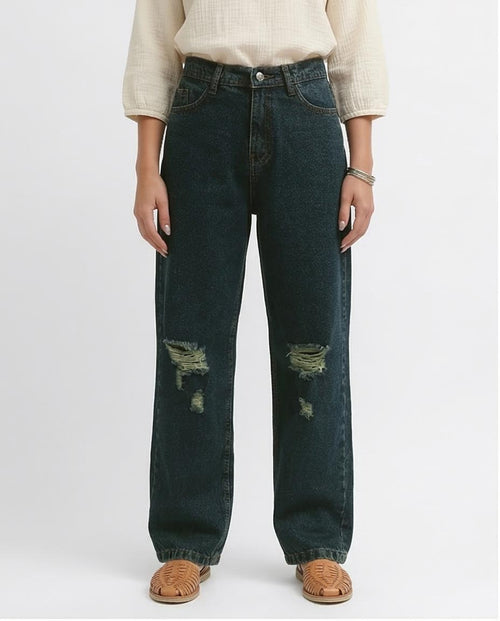 Ravin Dark Wash Distressed Wide-Leg Jeans - o191280