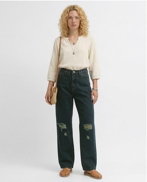 Ravin Dark Wash Distressed Wide-Leg Jeans - o191280