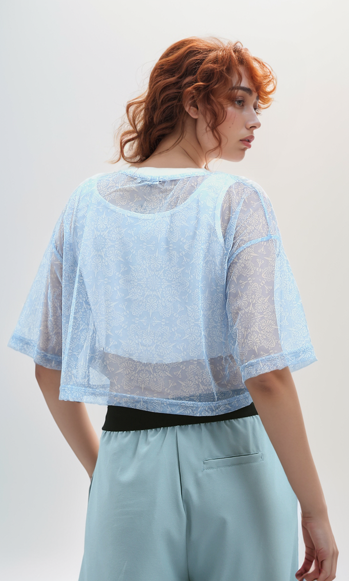 O191362  Soft Fabric Slip On Elbowsleeves Top - Sky Blue