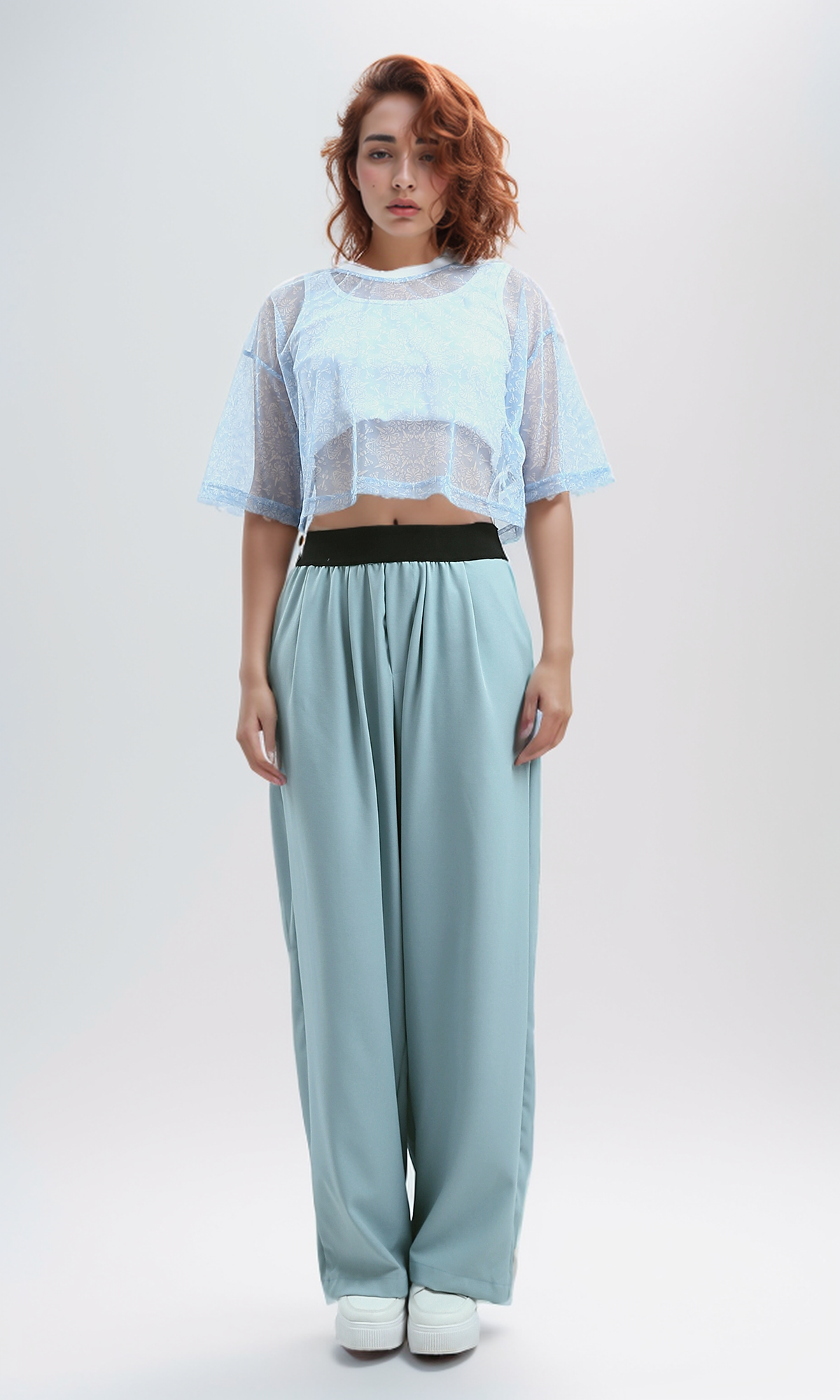 O191362  Soft Fabric Slip On Elbowsleeves Top - Sky Blue