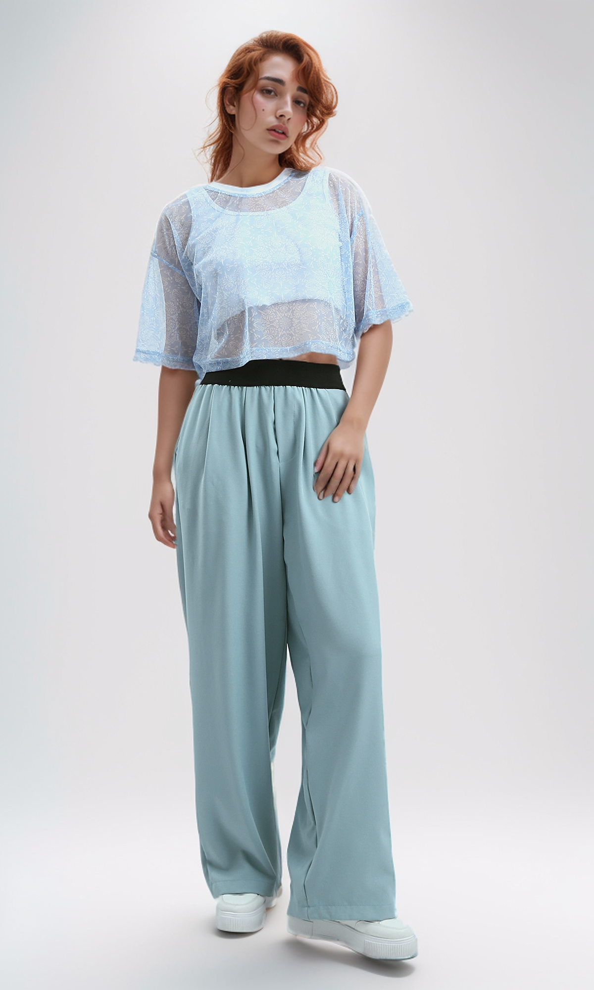 O191362  Soft Fabric Slip On Elbowsleeves Top - Sky Blue