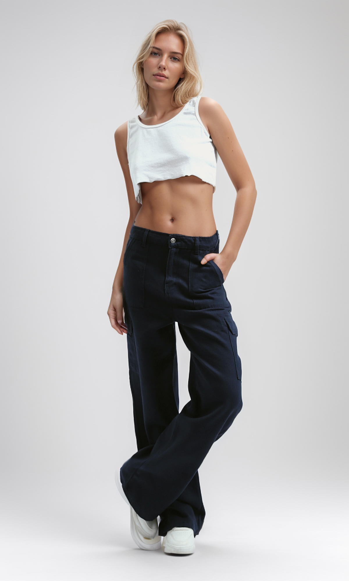 O191394 Solid Wide Leg Casual Jeans - Navy