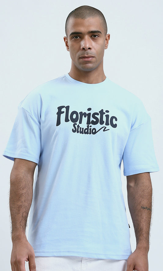 O191635 Printed Sky Blue Elbow-Sleeves Tee With Front And Back