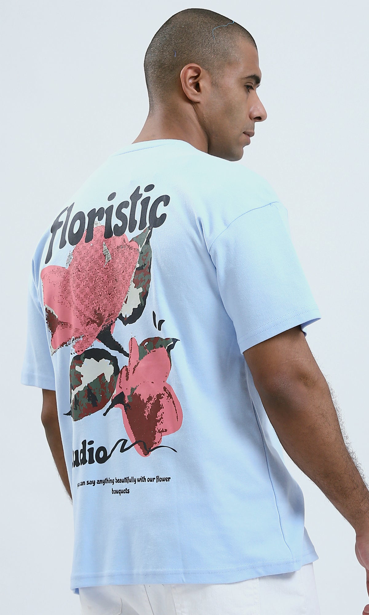 O191635 - Printed Sky Blue Elbow-Sleeves Tee with Front And back