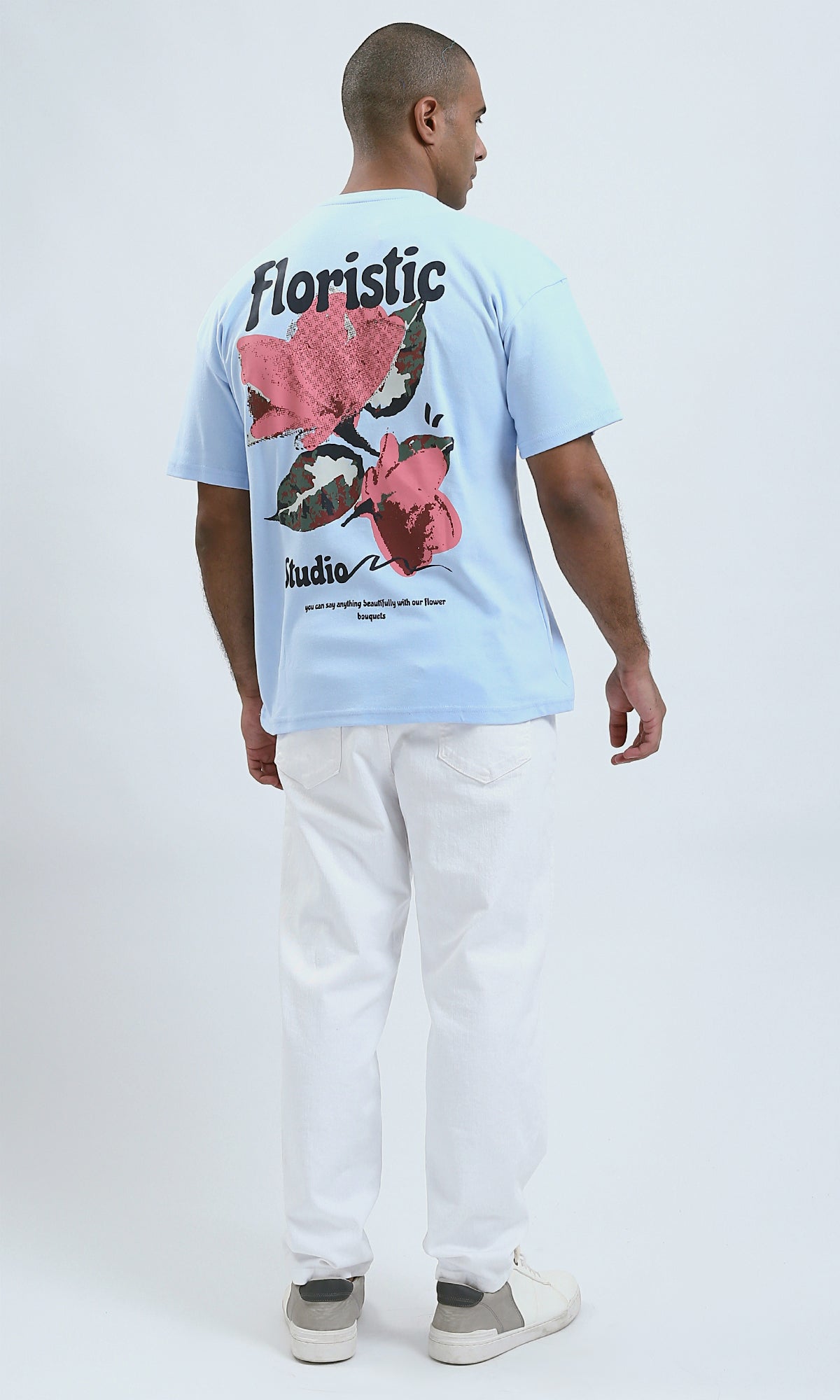 O191635 - Printed Sky Blue Elbow-Sleeves Tee with Front And back