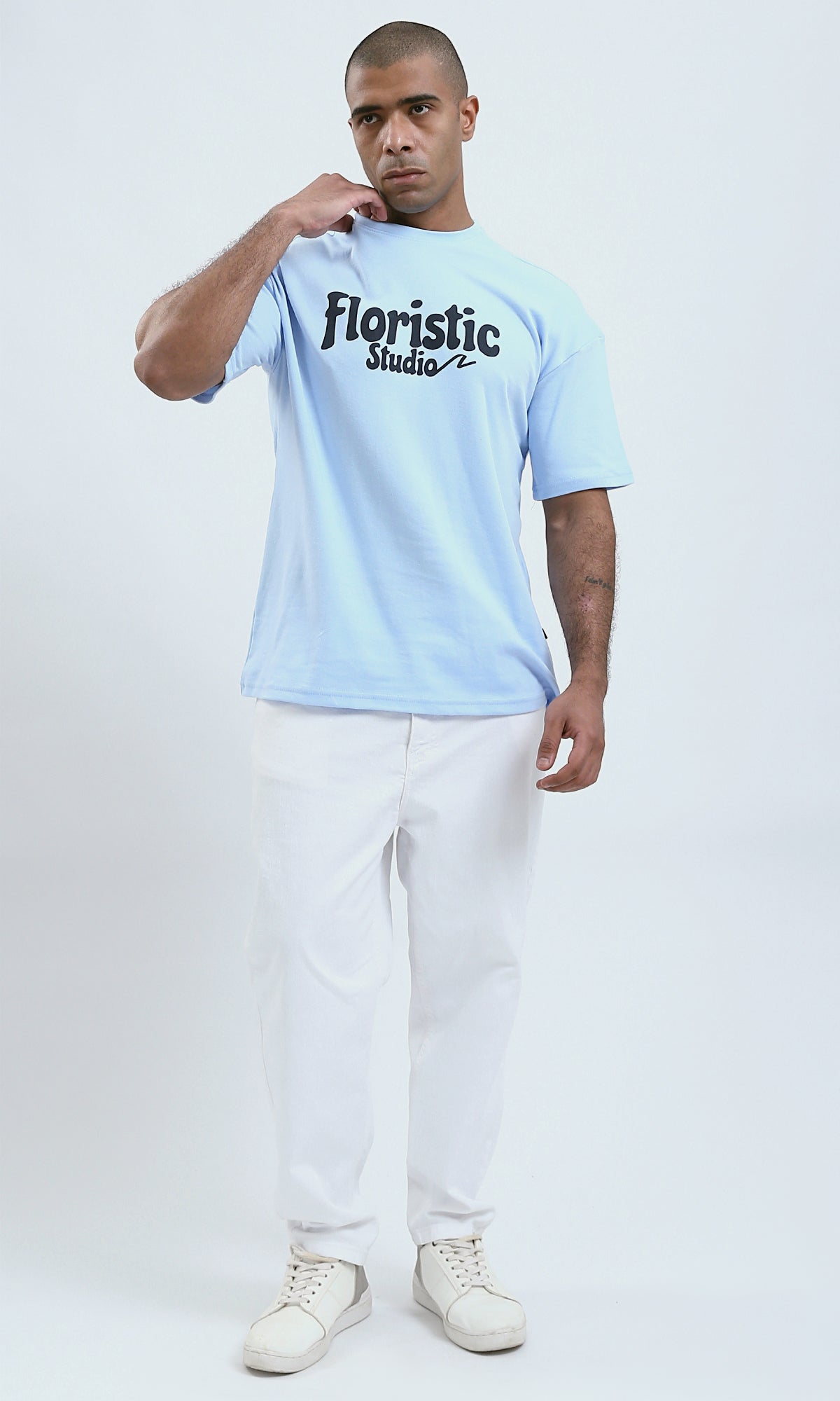 O191635 - Printed Sky Blue Elbow-Sleeves Tee with Front And back