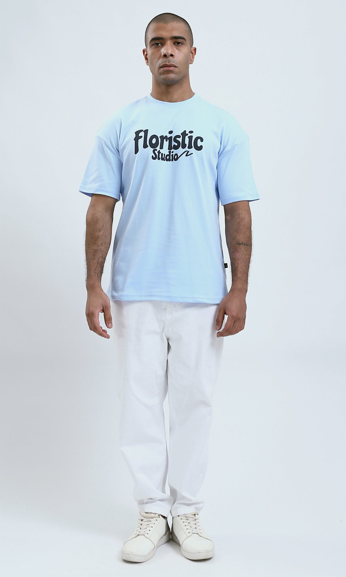 O191635 - Printed Sky Blue Elbow-Sleeves Tee with Front And back