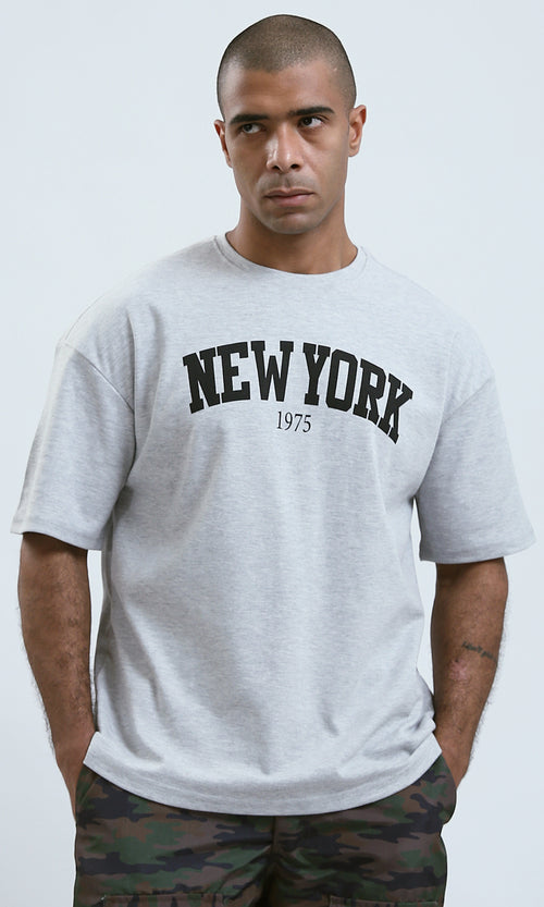 O191637 - Relaxed Fit Printed Light Grey Tee with Elbow Sleeves