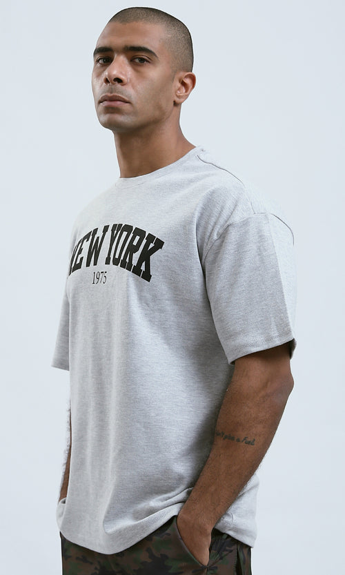 O191637 - Relaxed Fit Printed Light Grey Tee with Elbow Sleeves