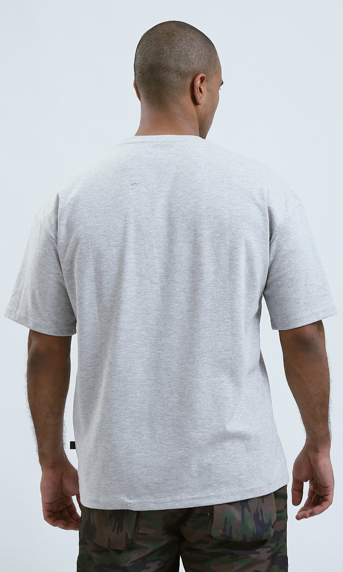 O191637 - Relaxed Fit Printed Light Grey Tee with Elbow Sleeves