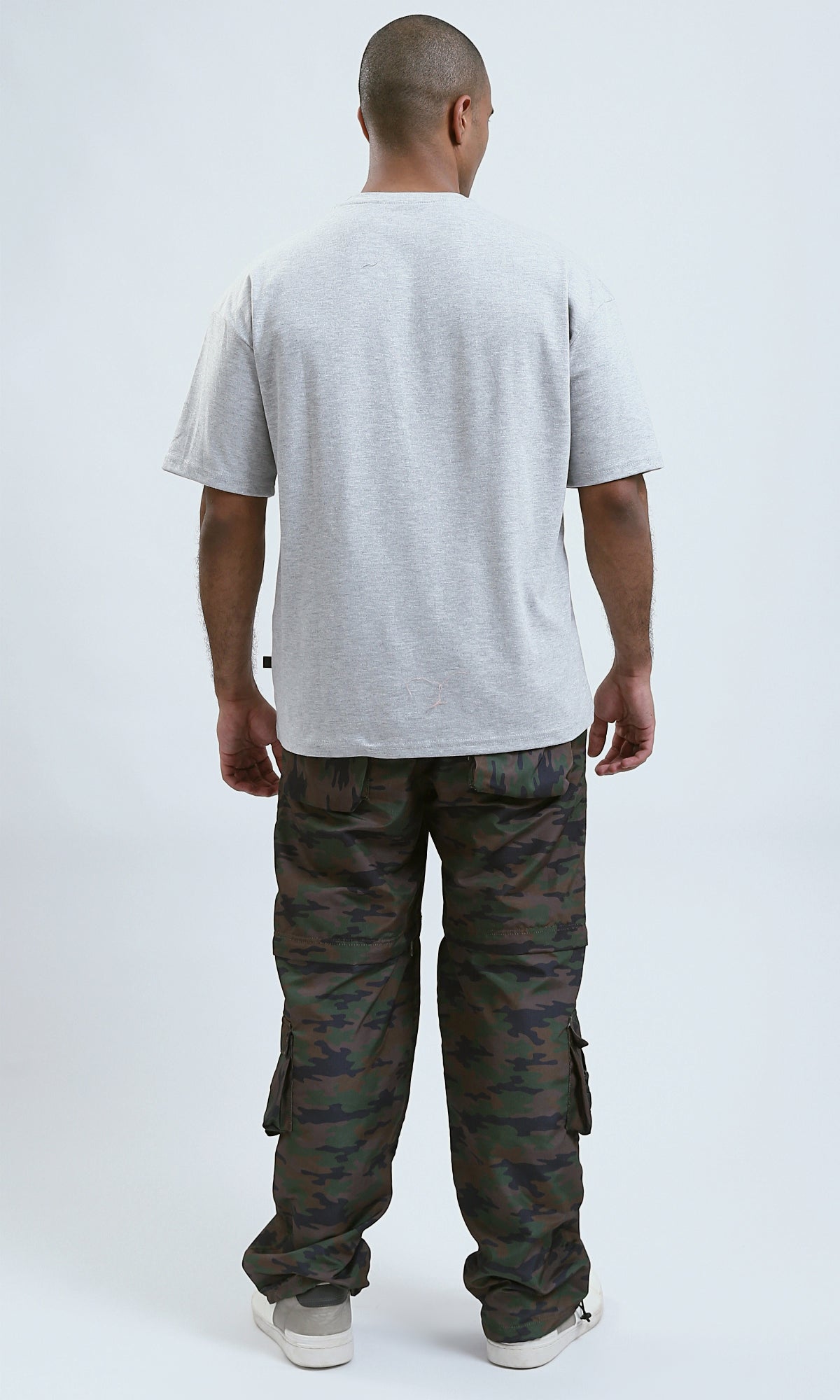 O191637 - Relaxed Fit Printed Light Grey Tee with Elbow Sleeves