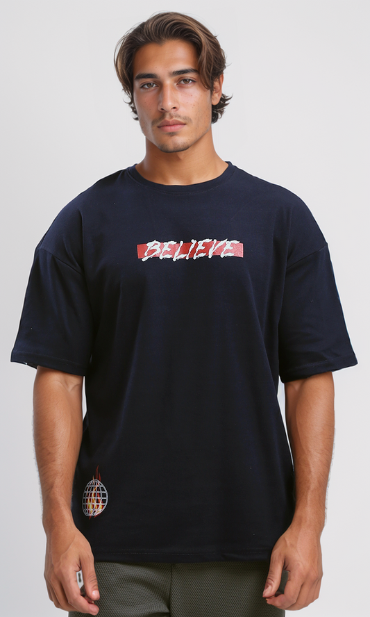 O191645 Printed "Believe" Elbow Sleeves Dark Navy Blue Tee