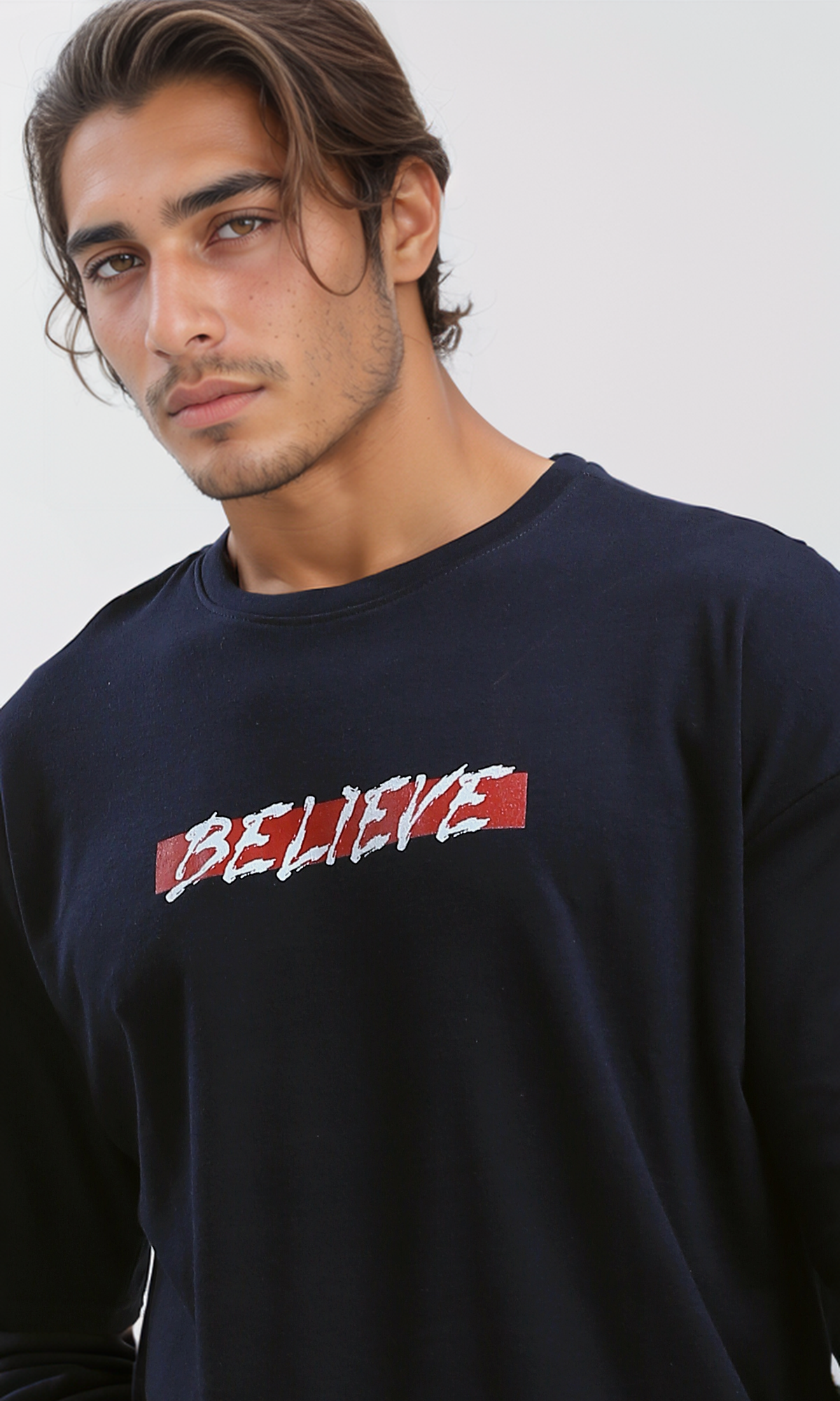 O191645 Printed "Believe" Elbow Sleeves Dark Navy Blue Tee