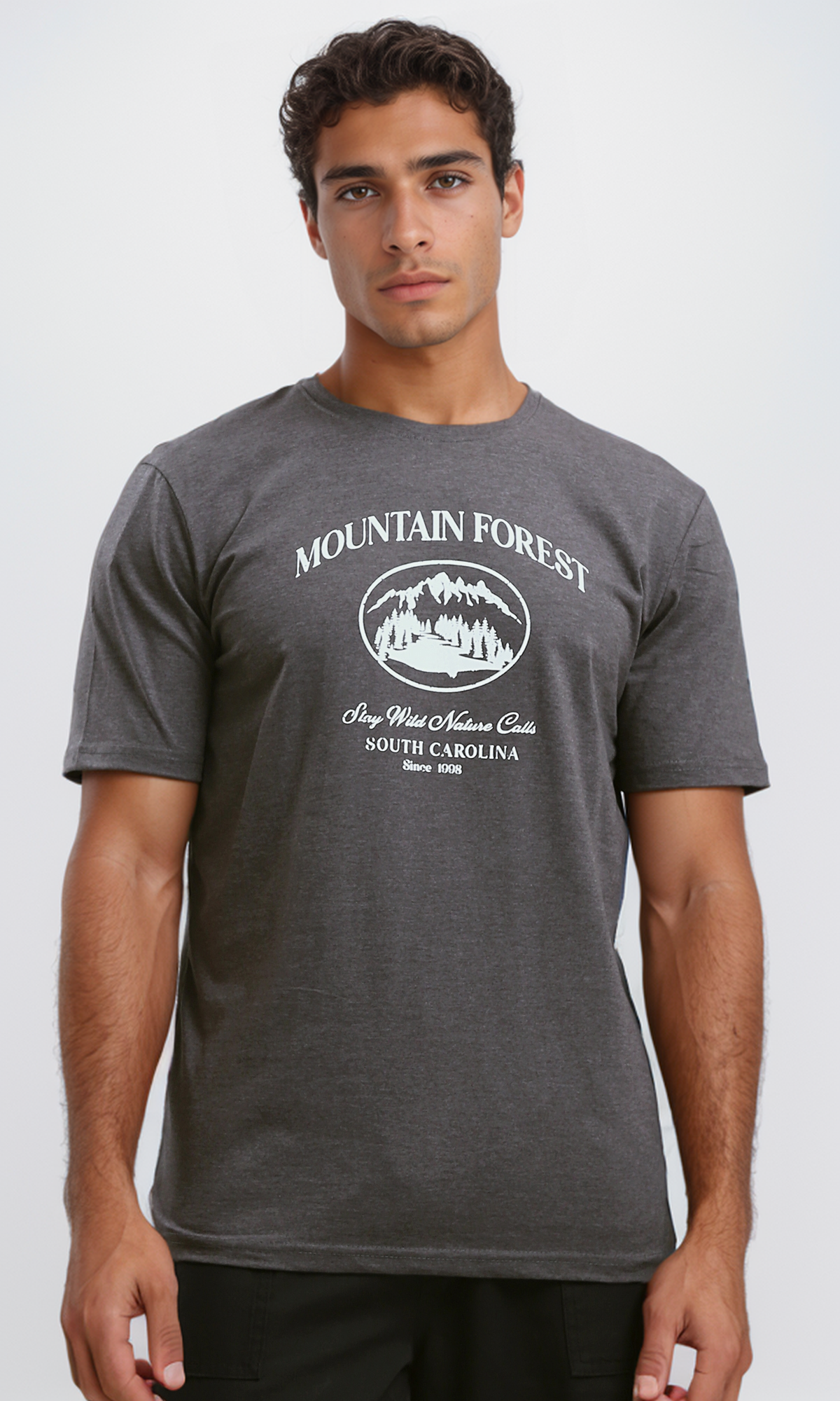 تي شيرت مطبوع "Mountain Forest" هيذر رمادي غامق