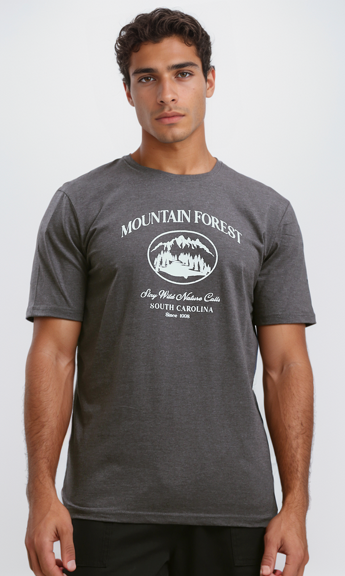 O191655 Heather Dark Grey Printed "Mountain Forest" Tee