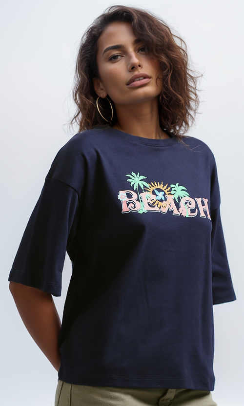 O191671 Printed "Beach" Slip On Cotton Elbow Sleeves Tee