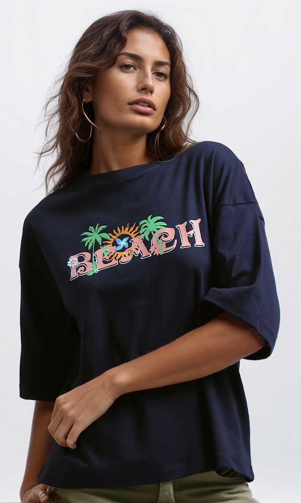 O191671 Printed "Beach" Slip On Cotton Elbow Sleeves Tee