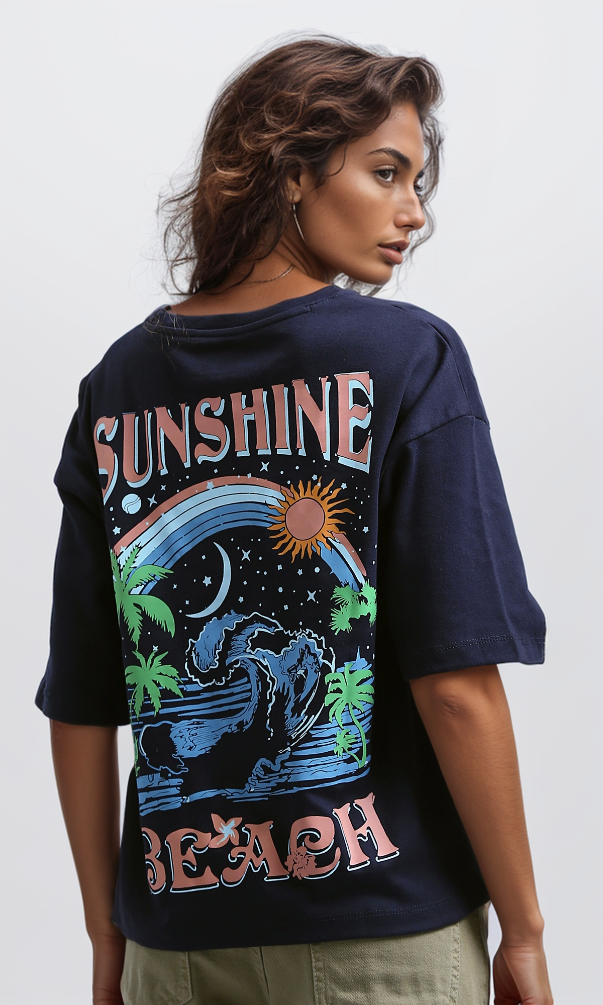 O191671 Printed "Beach" Slip On Cotton Elbow Sleeves Tee