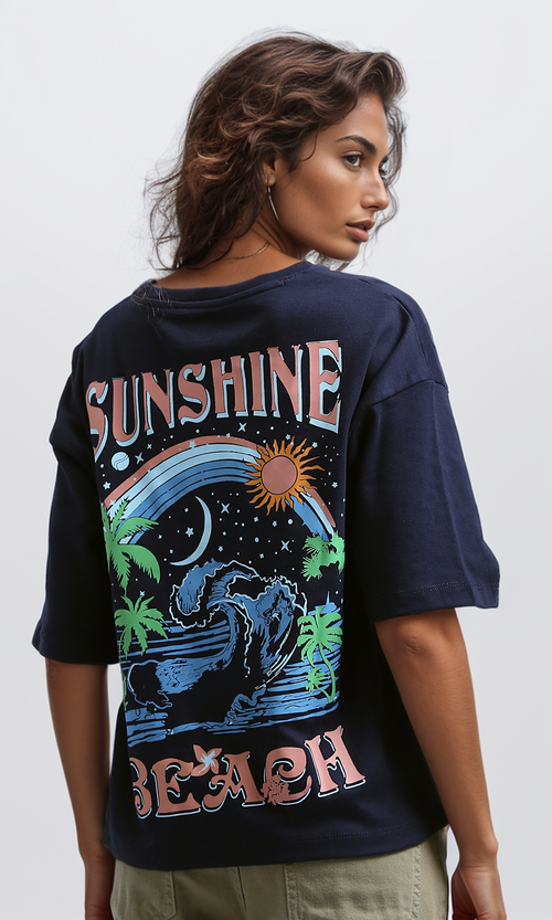 O191671 Printed "Beach" Slip On Cotton Elbow Sleeves Tee