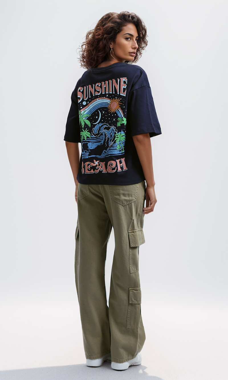 O191671 Printed "Beach" Slip On Cotton Elbow Sleeves Tee