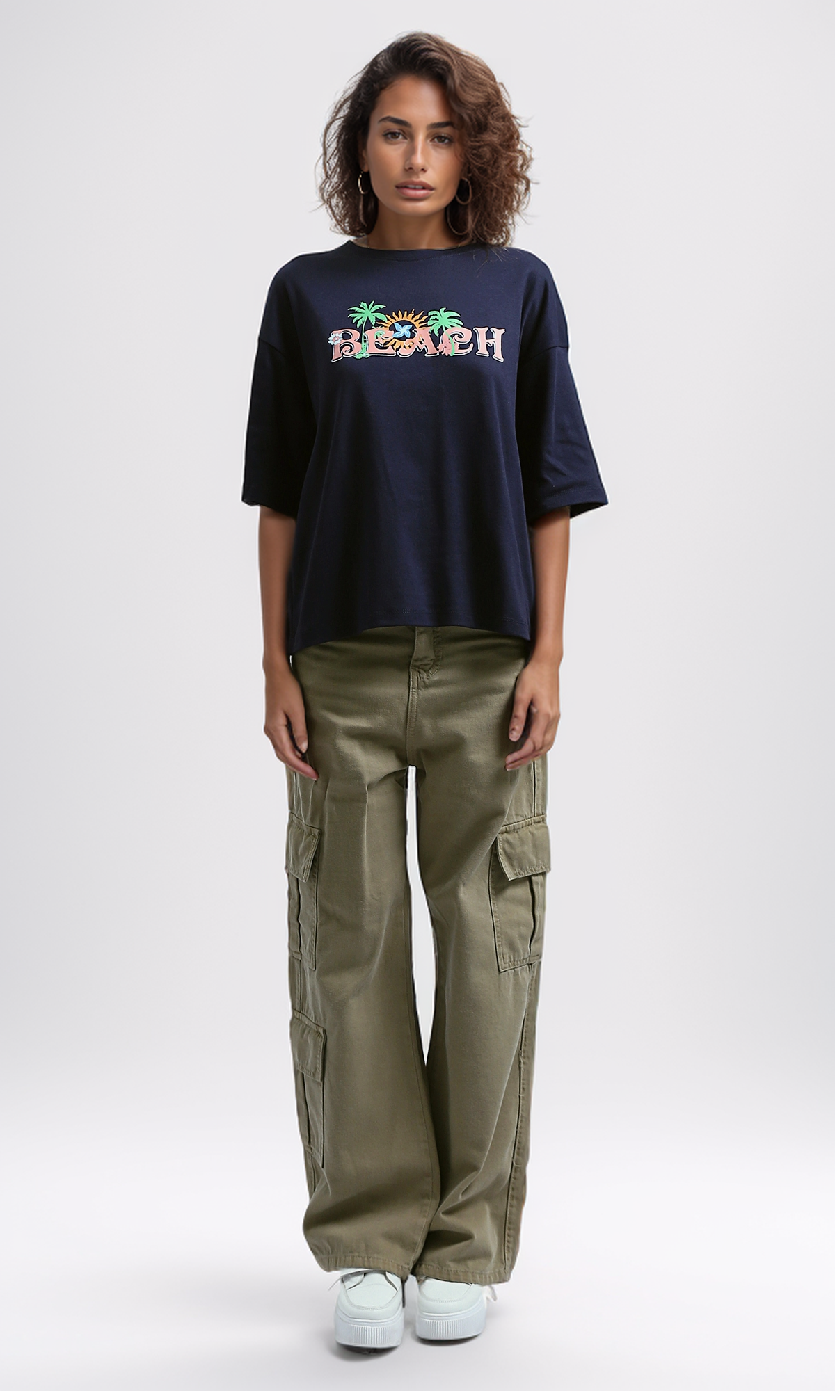 O191671 Printed "Beach" Slip On Cotton Elbow Sleeves Tee