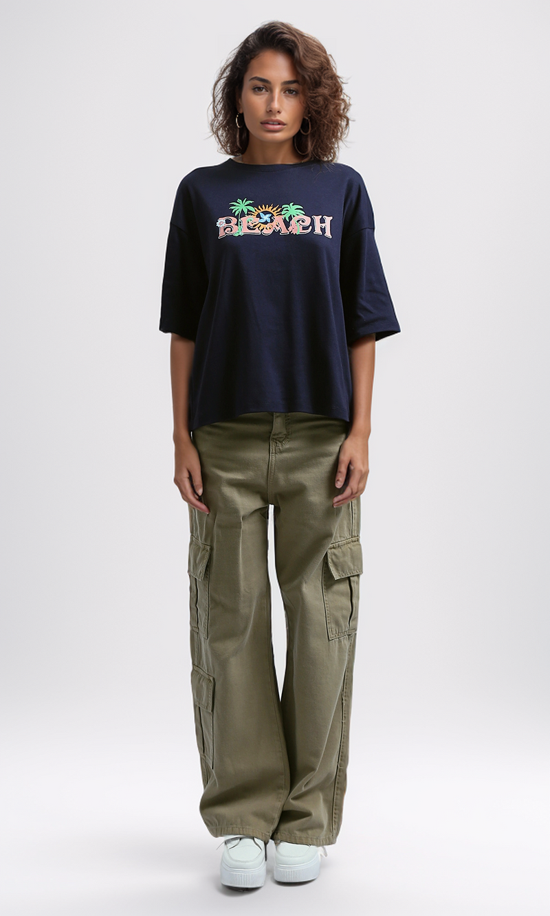 O191671 Printed "Beach" Slip On Cotton Elbow Sleeves Tee