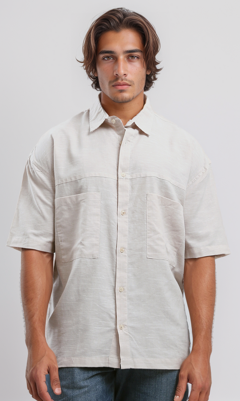 قميص صيفي بأكمام للكوع مع جيوب أمامية - هيذر بيج