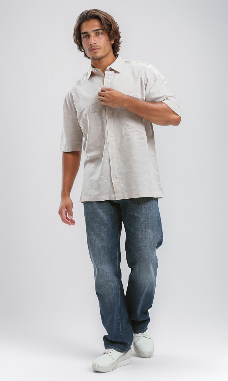 قميص صيفي بأكمام للكوع مع جيوب أمامية - هيذر بيج