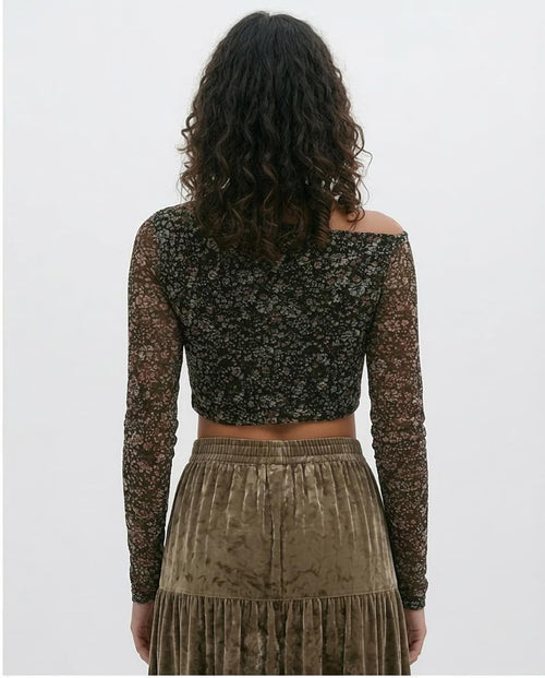 Ravin Black & Fushia Asymmetric Cowl Neck Floral Mesh Crop Top - O191866