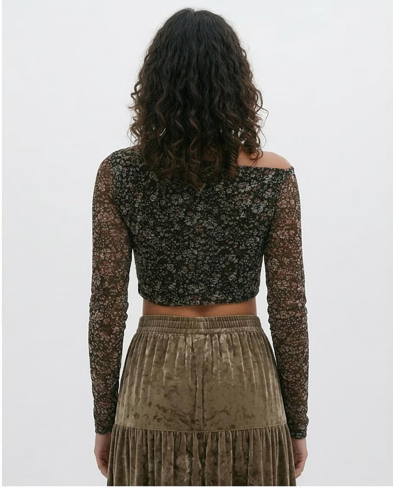 Ravin Black & Fushia Asymmetric Cowl Neck Floral Mesh Crop Top - O191866