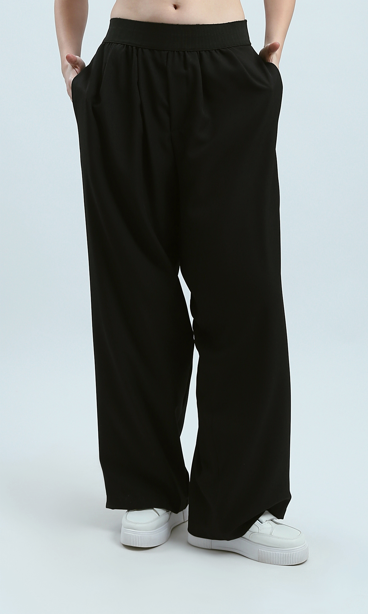 O191886 Black Stylish Wide Leg Pants With Elastic Waist