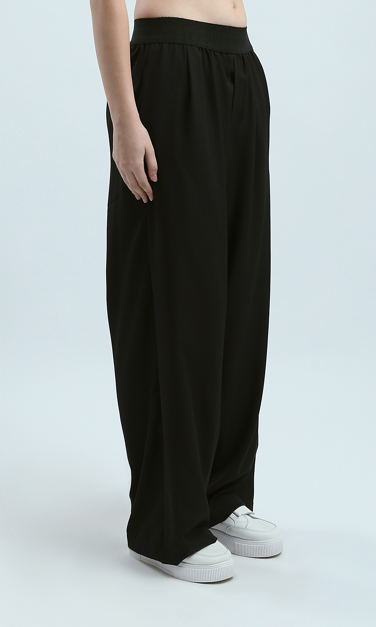 O191886 Black Stylish Wide Leg Pants With Elastic Waist