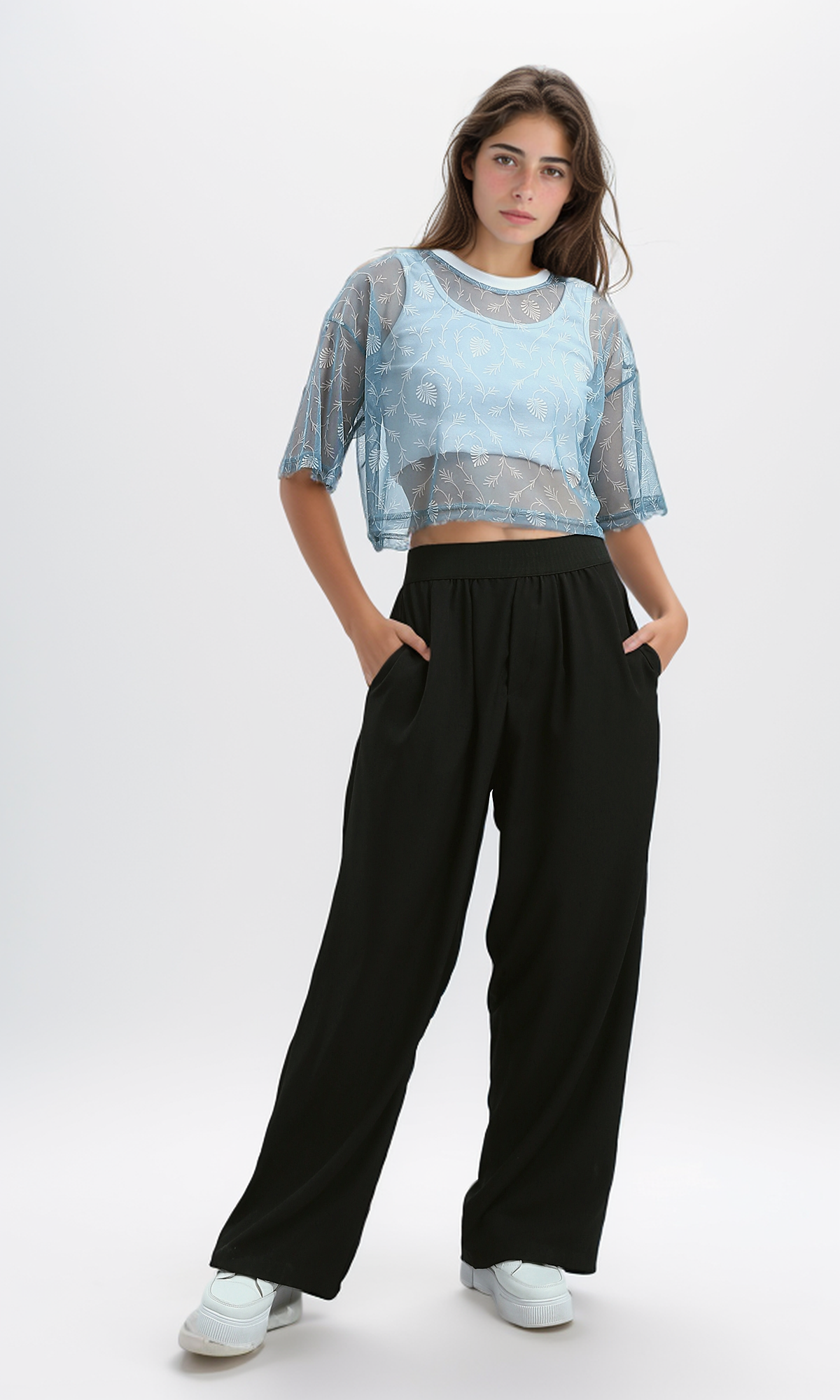 O191886 Black Stylish Wide Leg Pants With Elastic Waist