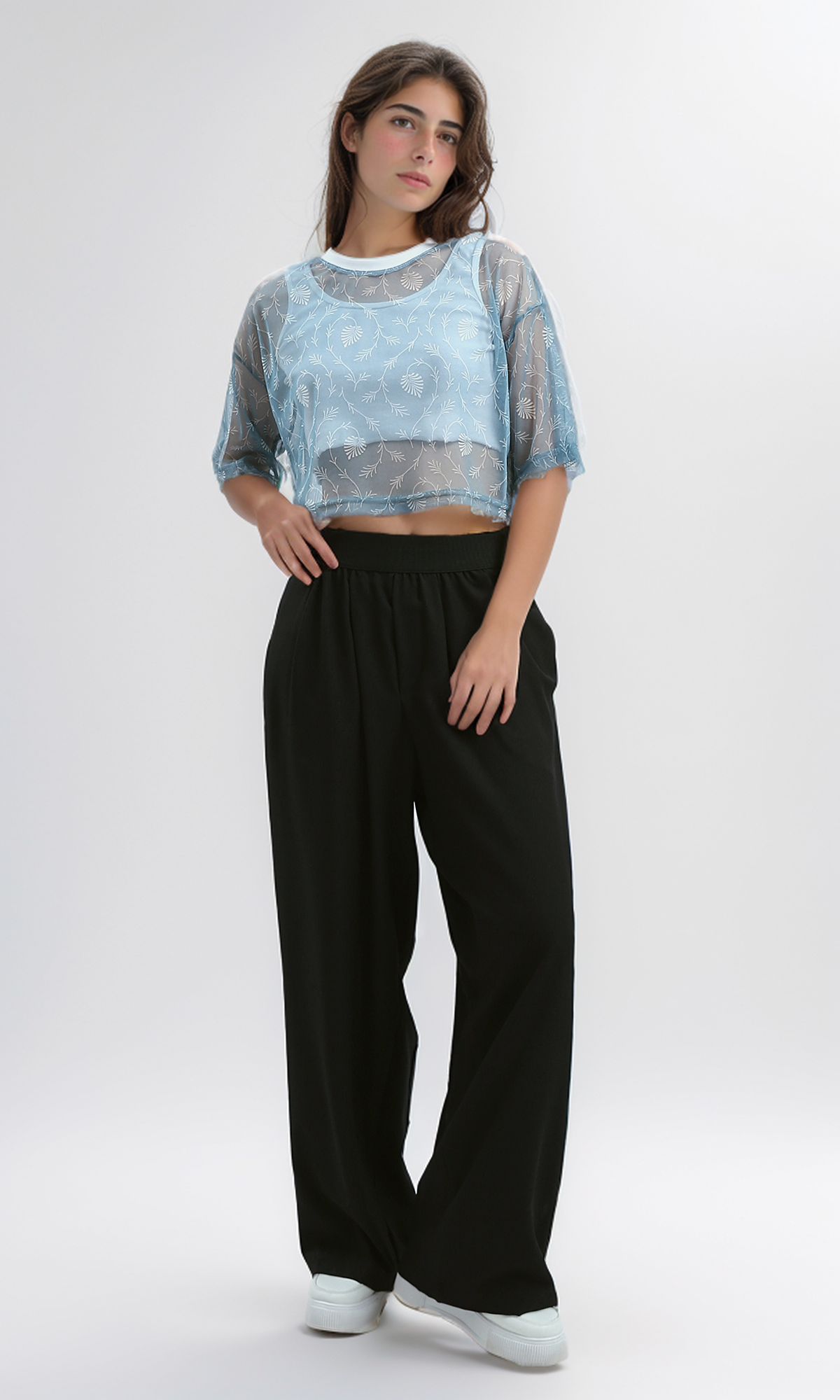 O191886 Black Stylish Wide Leg Pants With Elastic Waist