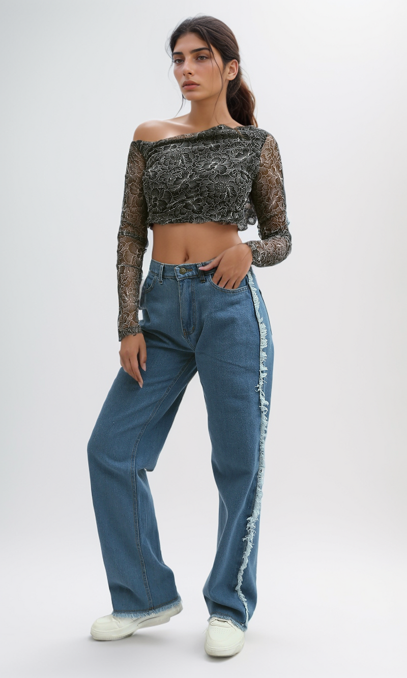 O191899 Black And White Chiffon Top Round Neck