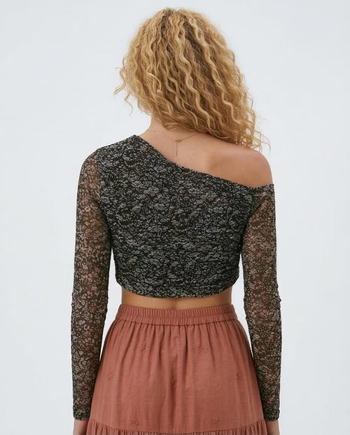 Ravin Women's Floral Ditsy Mesh Off-Shoulder Ruched Crop Top - Dark Green - O191901