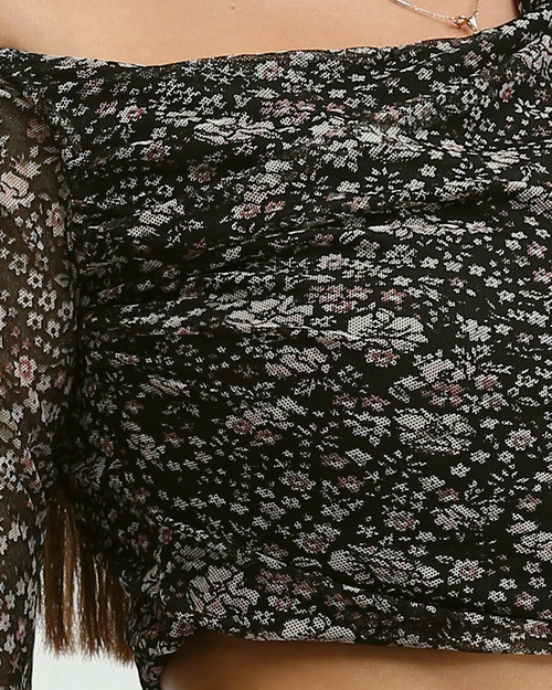 Ravin Women's Floral Ditsy Mesh Off-Shoulder Ruched Crop Top - Dark Green - O191901