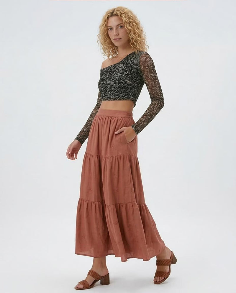 Ravin Women's Floral Ditsy Mesh Off-Shoulder Ruched Crop Top - Dark Green - O191901