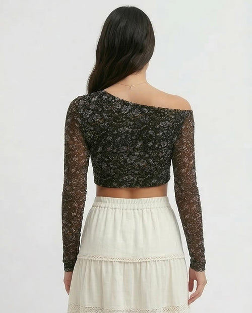 Ravin Asymmetrical Mesh Floral Crop Top - O191902