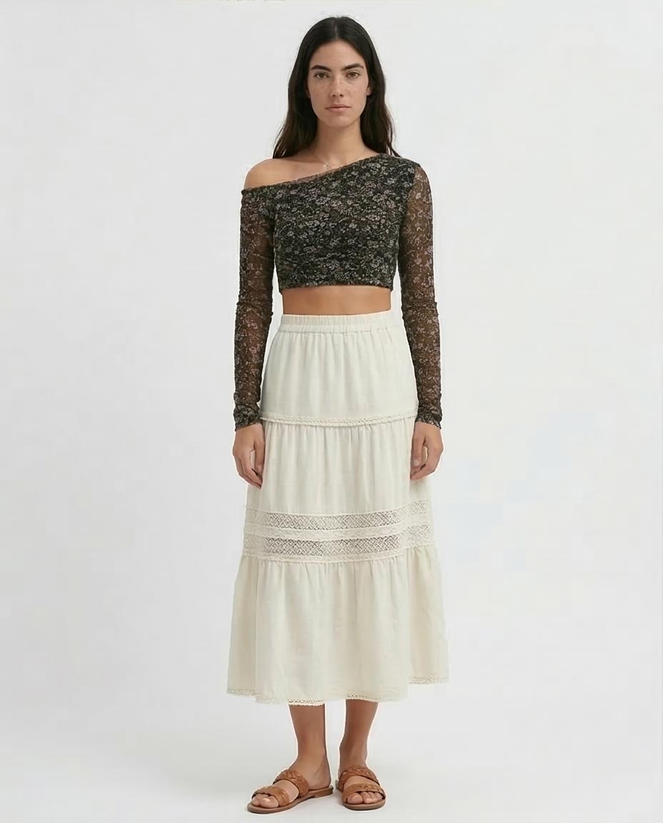 Ravin Asymmetrical Mesh Floral Crop Top - O191902