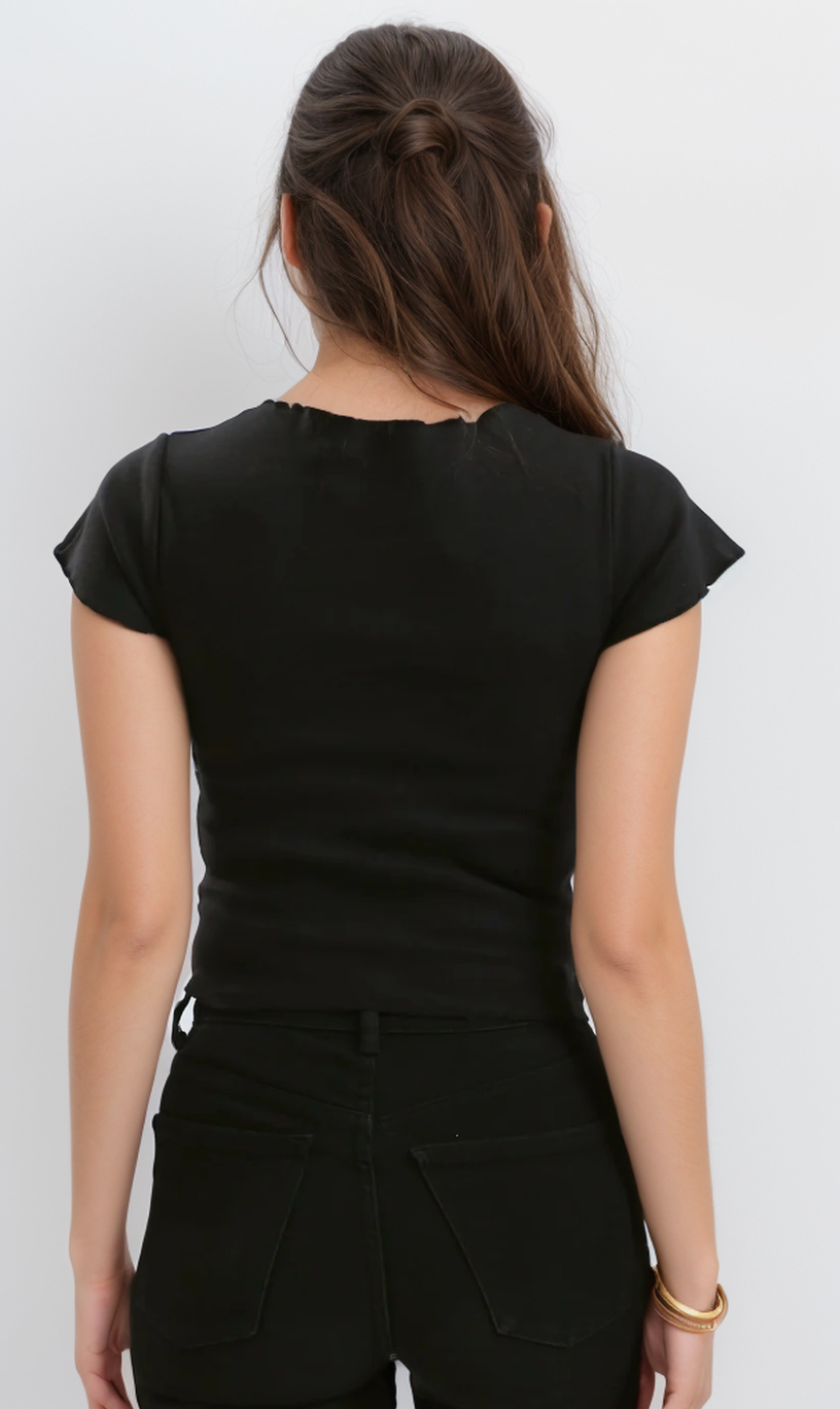 O191911 Short Sleeves Textured Black Cropped Top