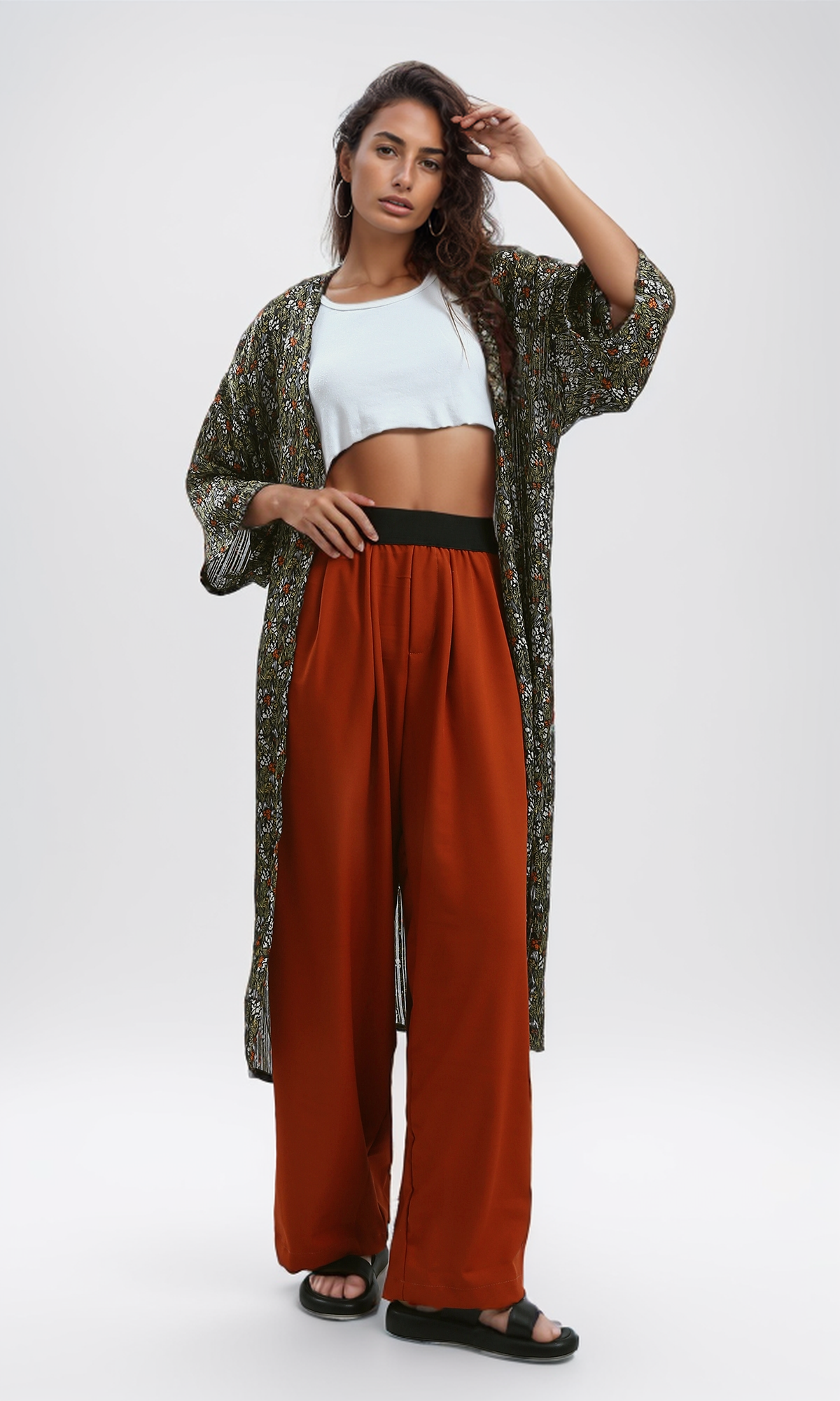 O191920 Havana Casual Wide Leg Pants With Black Elastic Waist