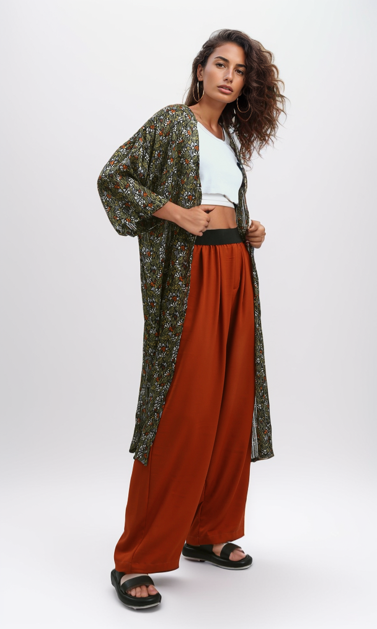 O191920 Havana Casual Wide Leg Pants With Black Elastic Waist