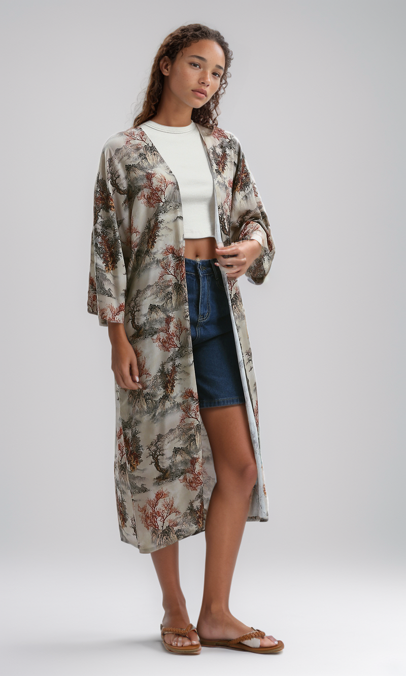 O191925 Open Neckline Patterned Casual Cardigan